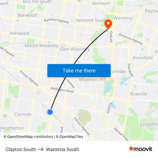 Clayton South to Wantirna South map