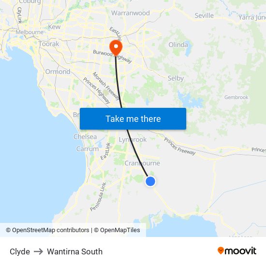 Clyde to Wantirna South map