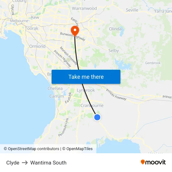 Clyde to Wantirna South map