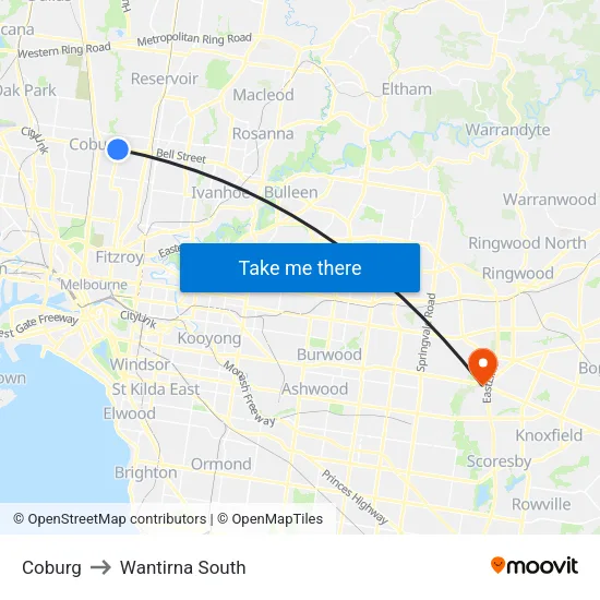 Coburg to Wantirna South map