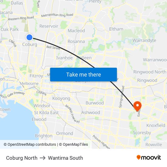 Coburg North to Wantirna South map