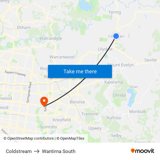 Coldstream to Wantirna South map