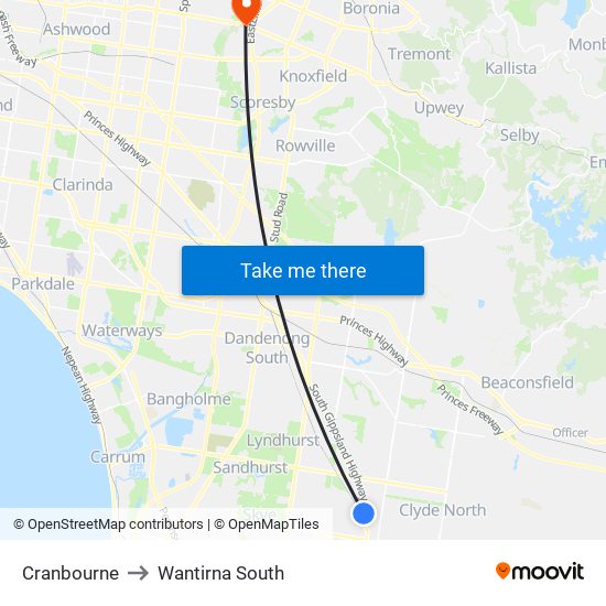 Cranbourne to Wantirna South map