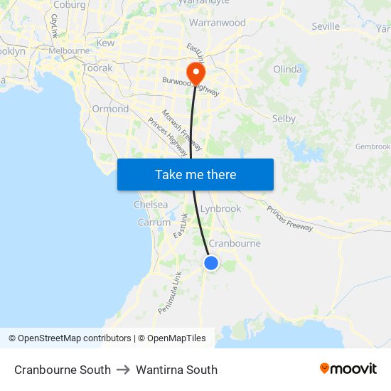 Cranbourne South to Wantirna South map