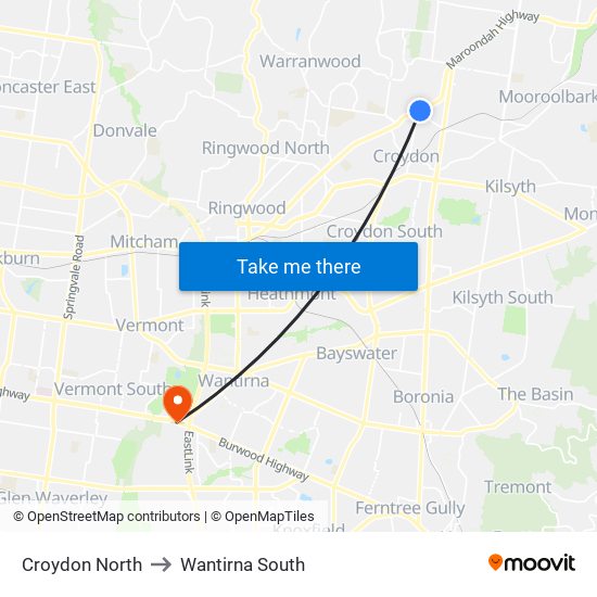 Croydon North to Wantirna South map