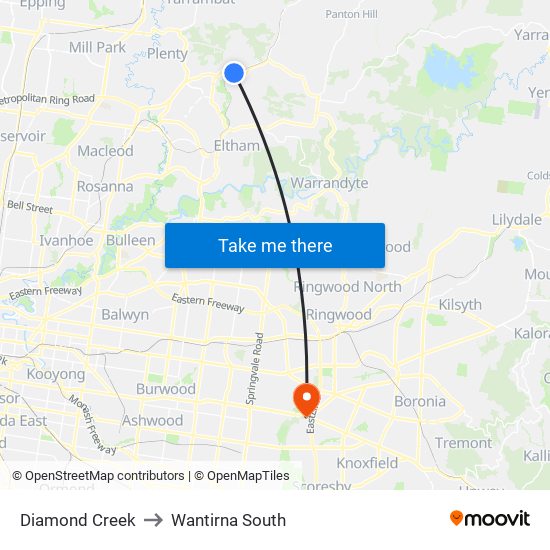 Diamond Creek to Wantirna South map