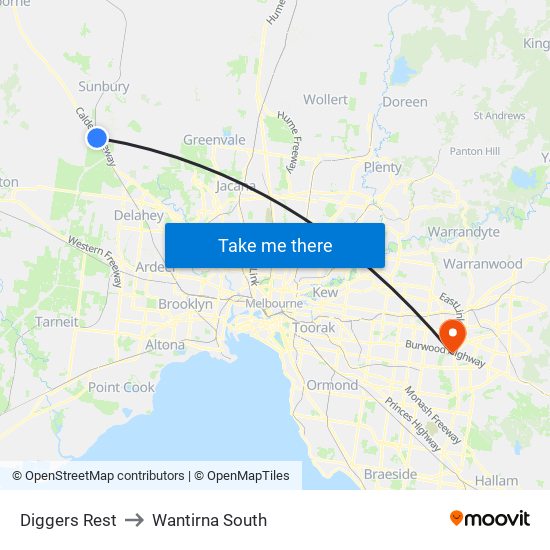 Diggers Rest to Wantirna South map