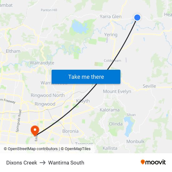 Dixons Creek to Wantirna South map