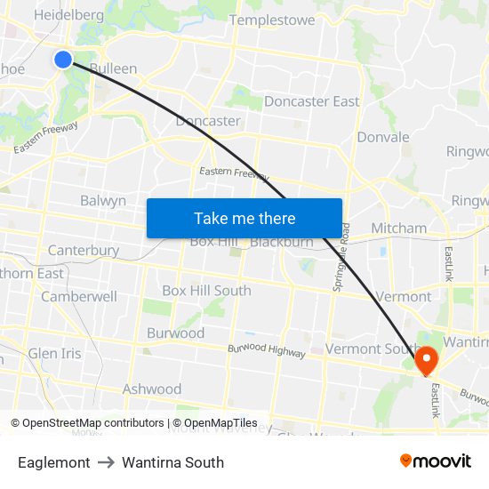 Eaglemont to Wantirna South map
