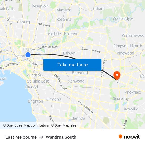 East Melbourne to Wantirna South map