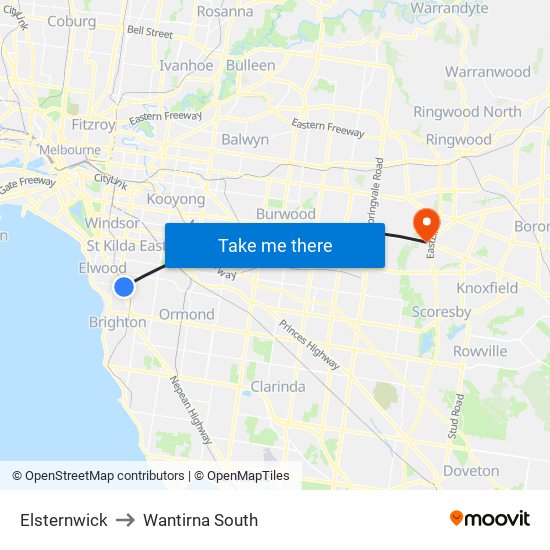 Elsternwick to Wantirna South map