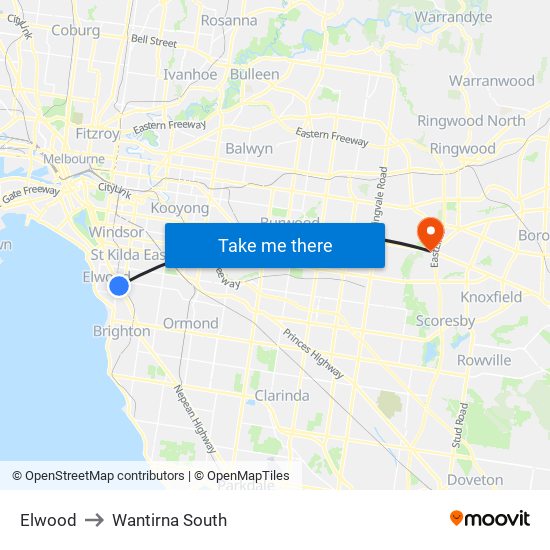 Elwood to Wantirna South map