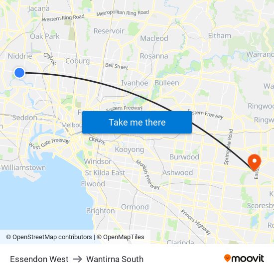 Essendon West to Wantirna South map