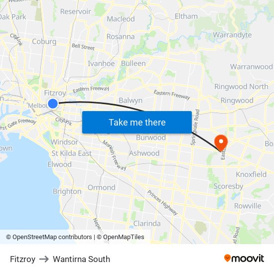 Fitzroy to Wantirna South map