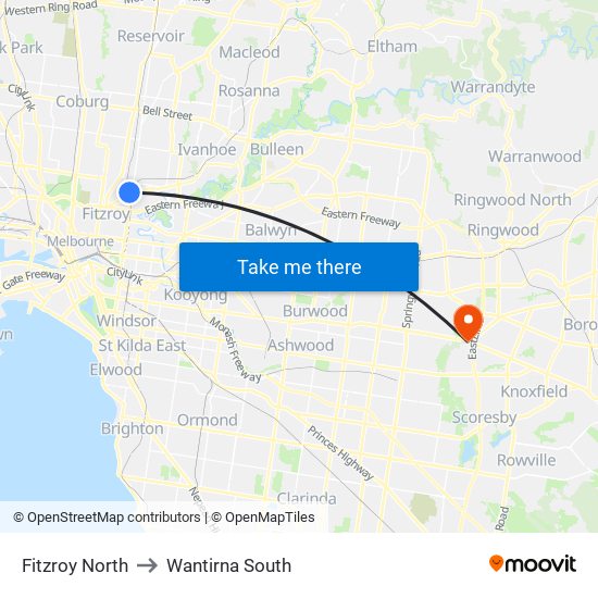 Fitzroy North to Wantirna South map