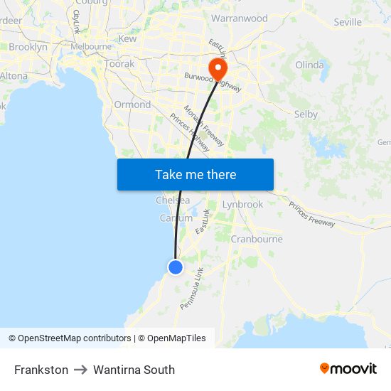 Frankston to Wantirna South map