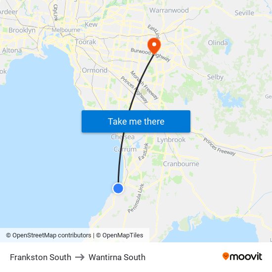 Frankston South to Wantirna South map