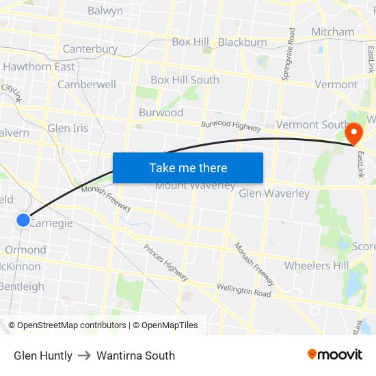 Glen Huntly to Wantirna South map