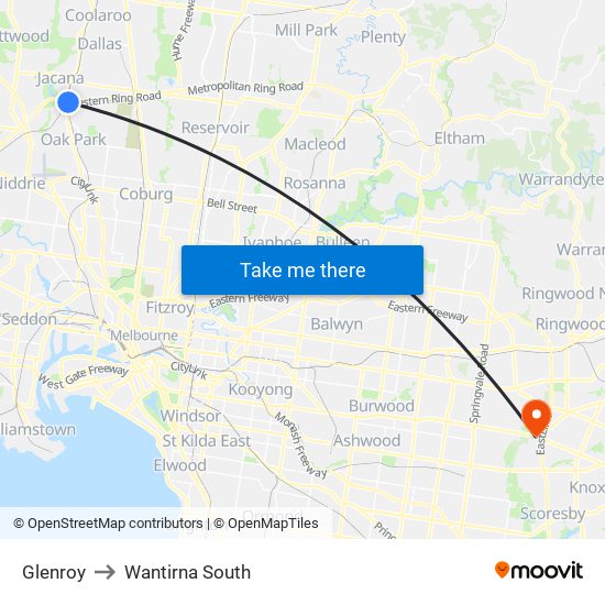 Glenroy to Wantirna South map