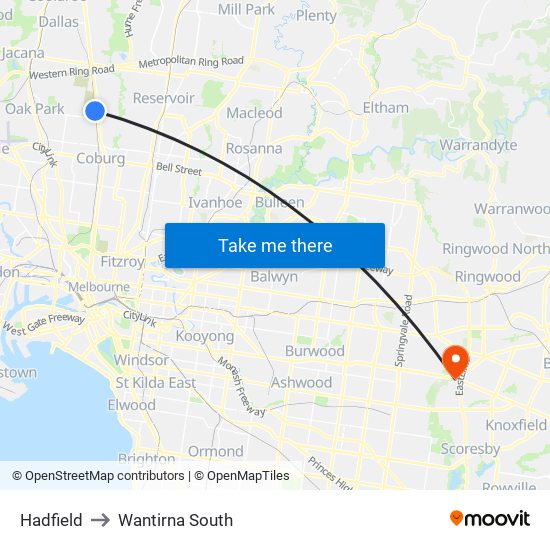 Hadfield to Wantirna South map