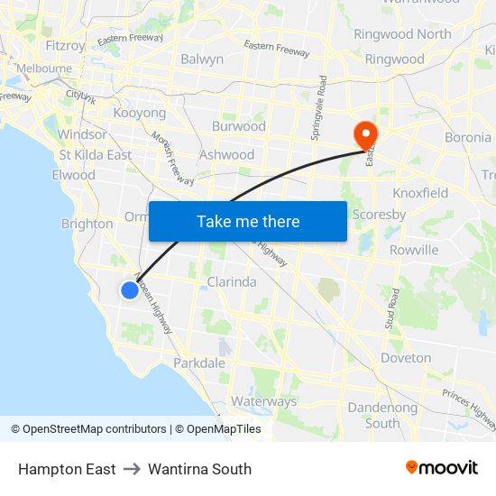 Hampton East to Wantirna South map