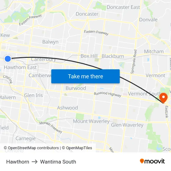 Hawthorn to Wantirna South map