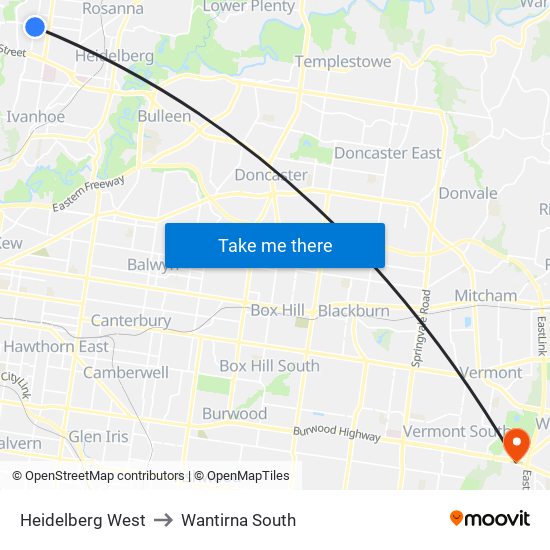 Heidelberg West to Wantirna South map