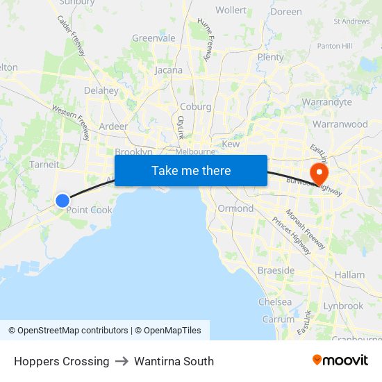 Hoppers Crossing to Wantirna South map