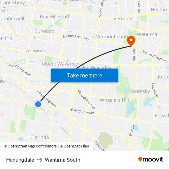 Huntingdale to Wantirna South map