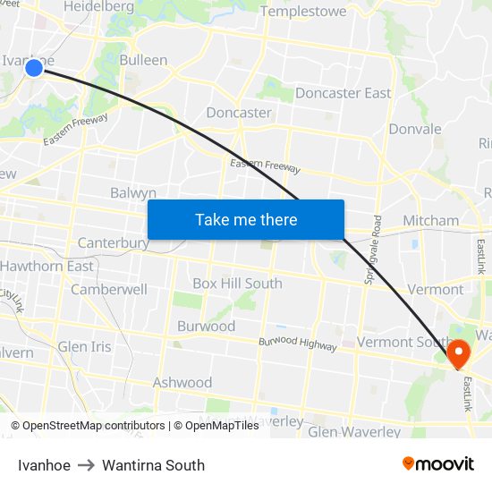 Ivanhoe to Wantirna South map