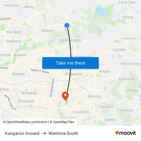 Kangaroo Ground to Wantirna South map