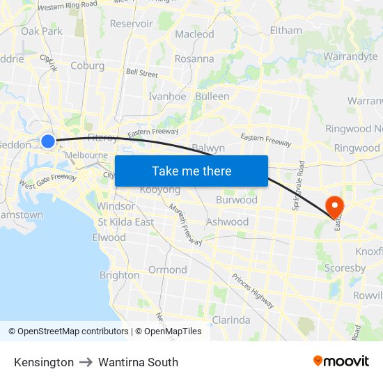 Kensington to Wantirna South map