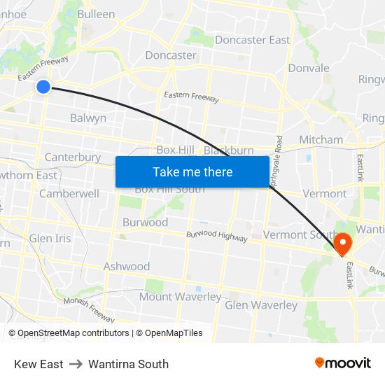 Kew East to Wantirna South map