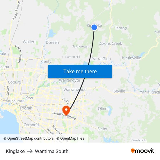 Kinglake to Wantirna South map