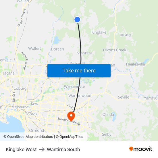 Kinglake West to Wantirna South map