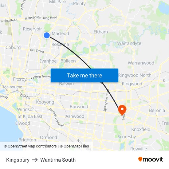 Kingsbury to Wantirna South map