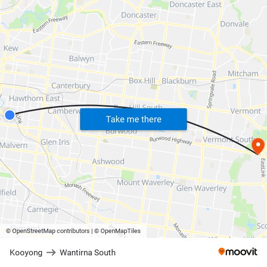 Kooyong to Wantirna South map