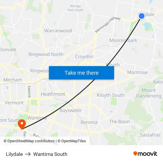Lilydale to Wantirna South map