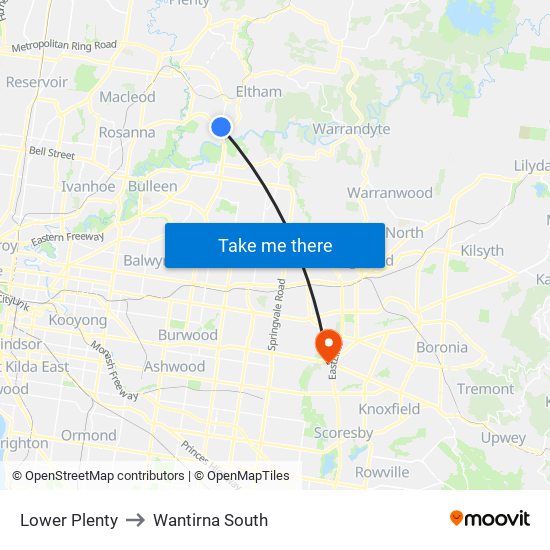 Lower Plenty to Wantirna South map