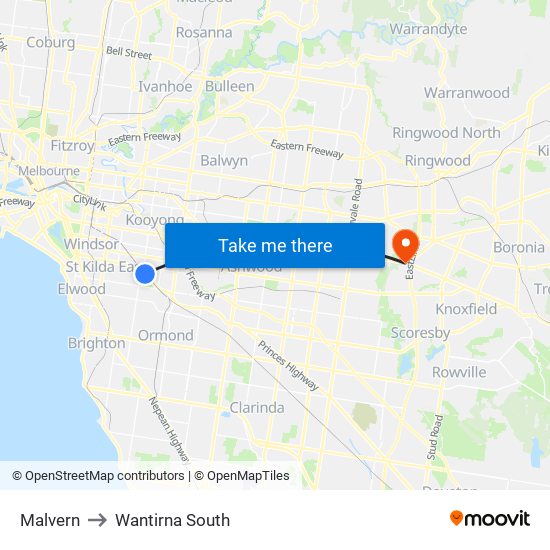 Malvern to Wantirna South map