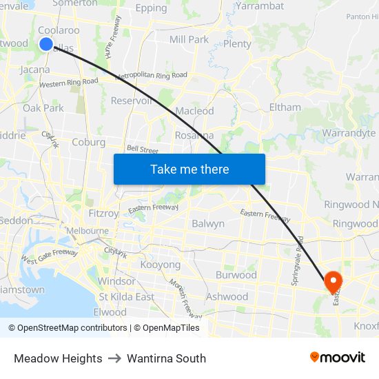 Meadow Heights to Wantirna South map