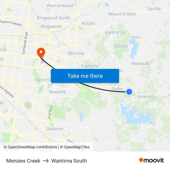 Menzies Creek to Wantirna South map