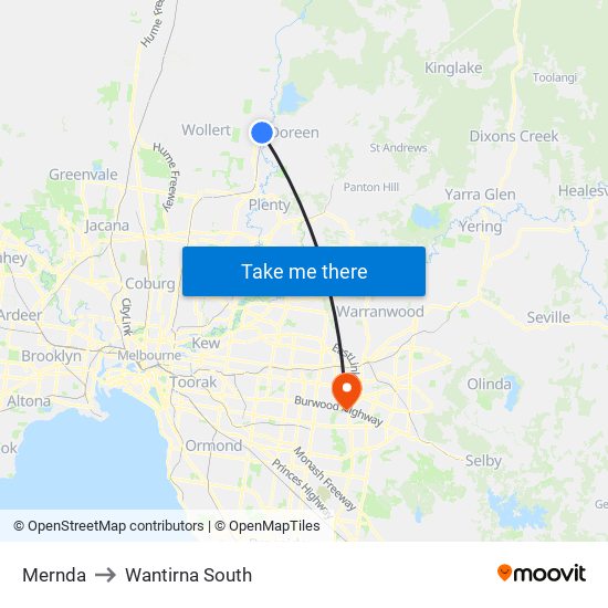 Mernda to Wantirna South map