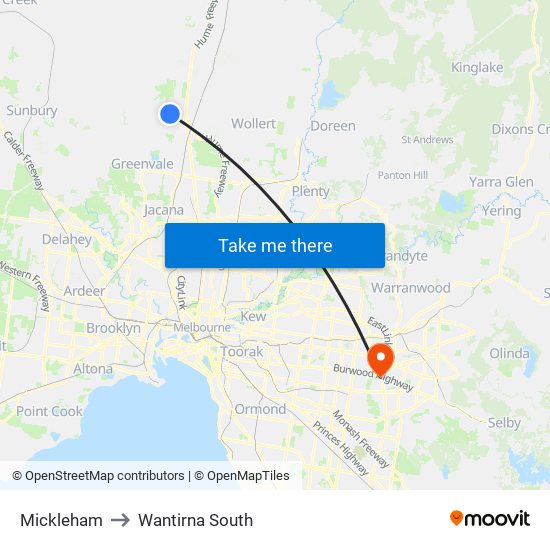 Mickleham to Wantirna South map