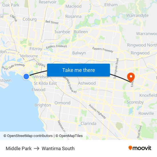 Middle Park to Wantirna South map