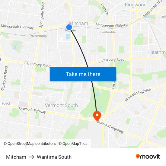 Mitcham to Wantirna South map