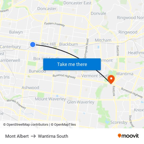 Mont Albert to Wantirna South map