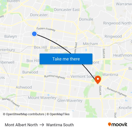 Mont Albert North to Wantirna South map