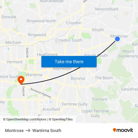 Montrose to Wantirna South map