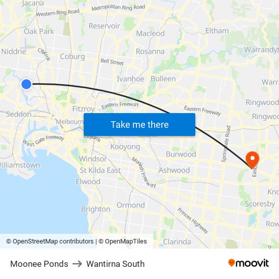 Moonee Ponds to Wantirna South map